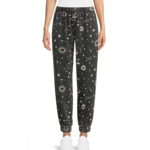 Black White Acid Wash Celestial Sun Moon Stars Print Jogger Sweatpants Small